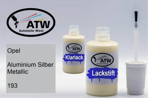 Opel, Aluminium Silber Metallic, 193: 20ml Lackstift + 20ml Klarlack - Set, von ATW Autoteile West.